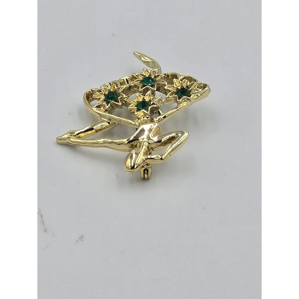 Vintage Gerry's Signed Ballerina Brooch Pin - Gold Tone & Green Rhinestones